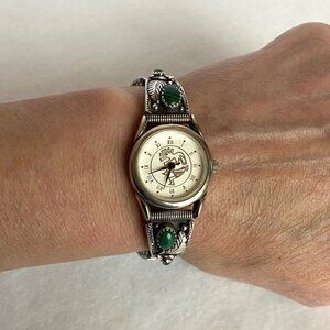 VTG Sterling Silver 925 Southwest Navajo Style Malachite Tip Watch 6.25"- 6.75"